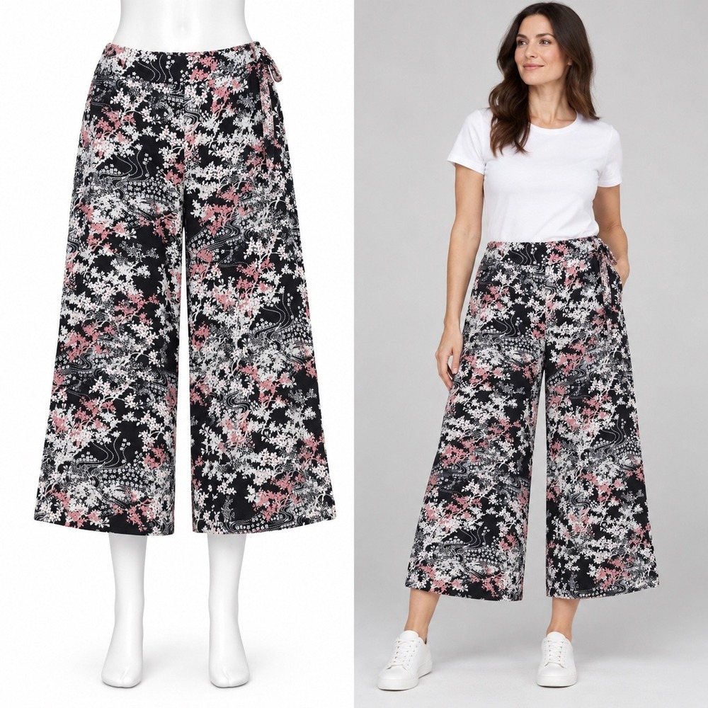 Rocha John Rocha Floral Culottes Womens 14 Black Pink Wide Leg Cropped Pants
